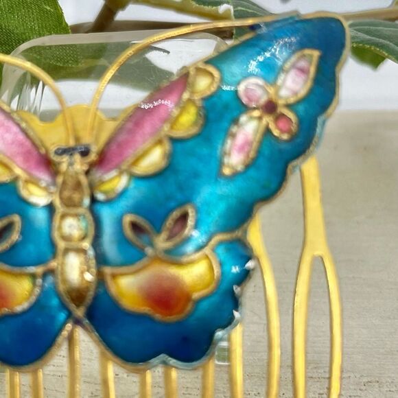 Vintage Enamel Butterfly Floral Hair Comb Gold Blue - Picture 9 of 11